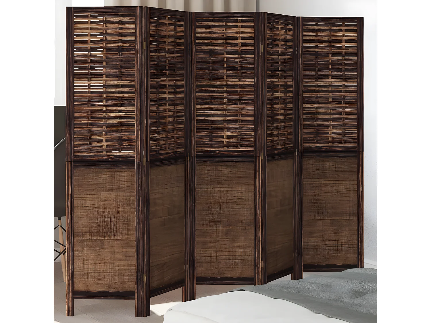 Cloison de séparation 5 panneaux marron foncé paulownia massif