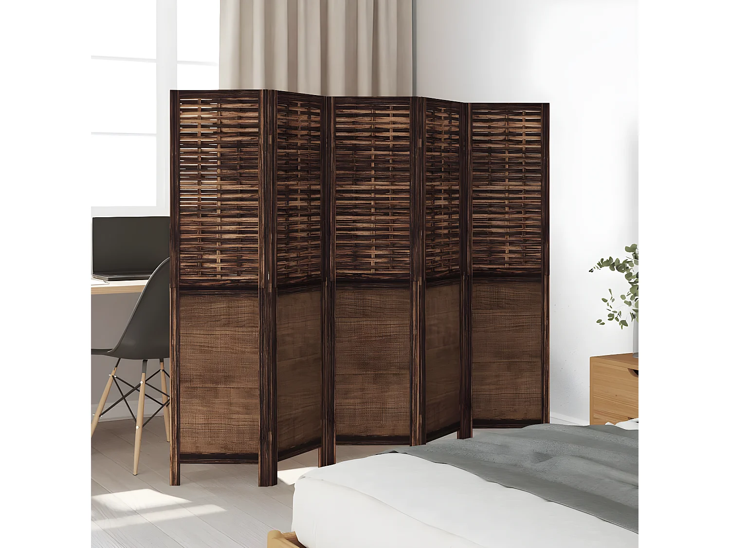 Cloison de séparation 5 panneaux marron foncé paulownia massif