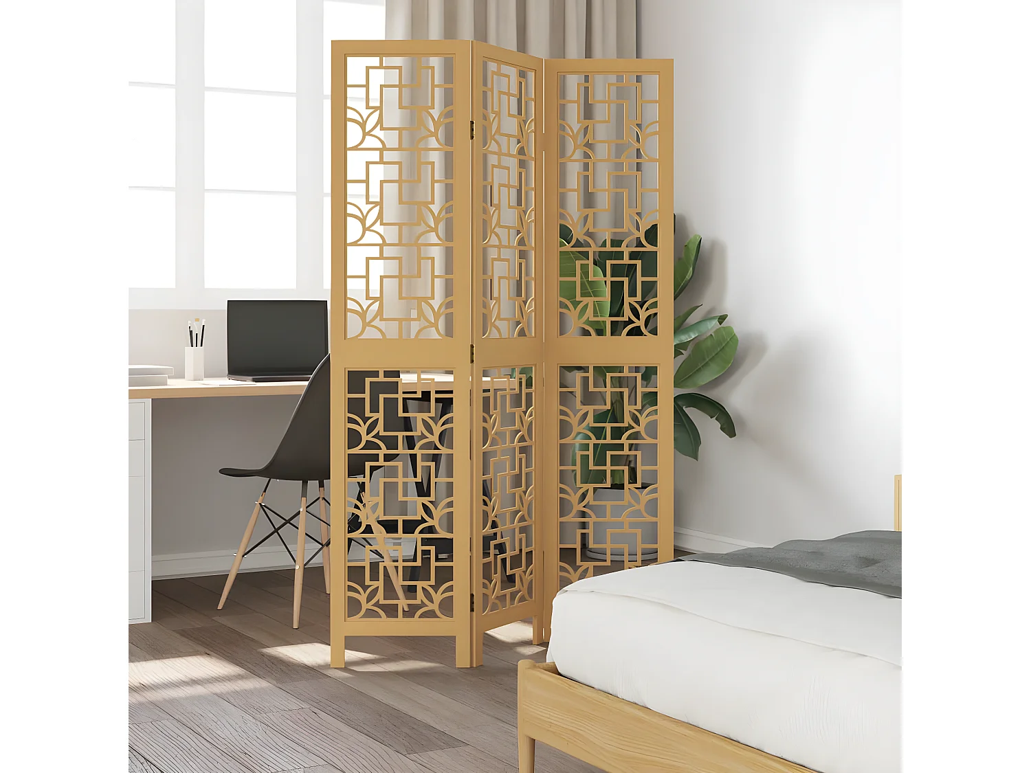 Cloison de séparation 3 panneaux marron bois paulownia massif