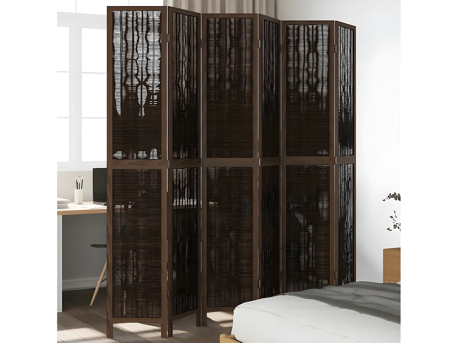 Cloison de séparation 6 panneaux marron foncé paulownia massif