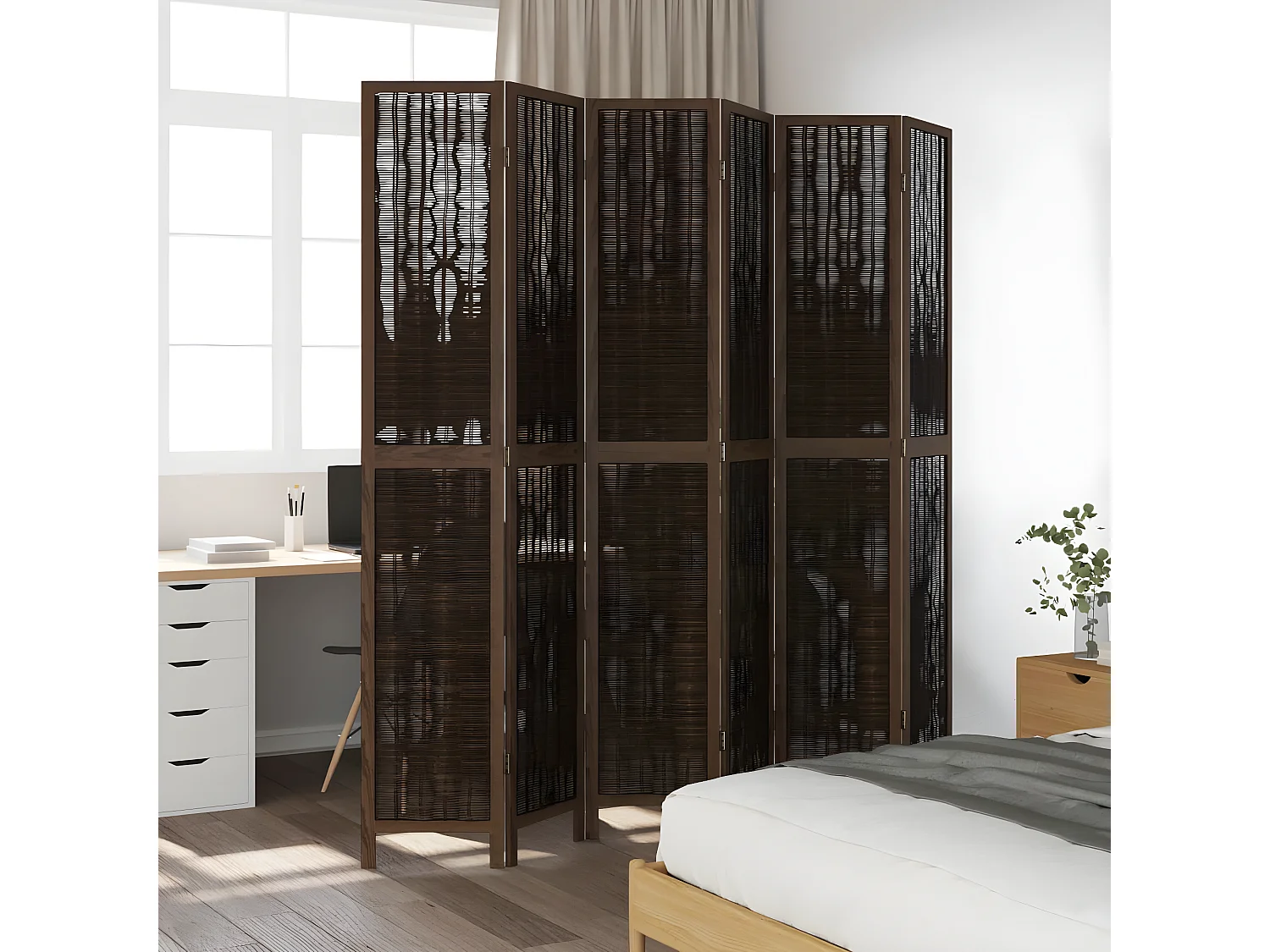 Cloison de séparation 6 panneaux marron foncé paulownia massif