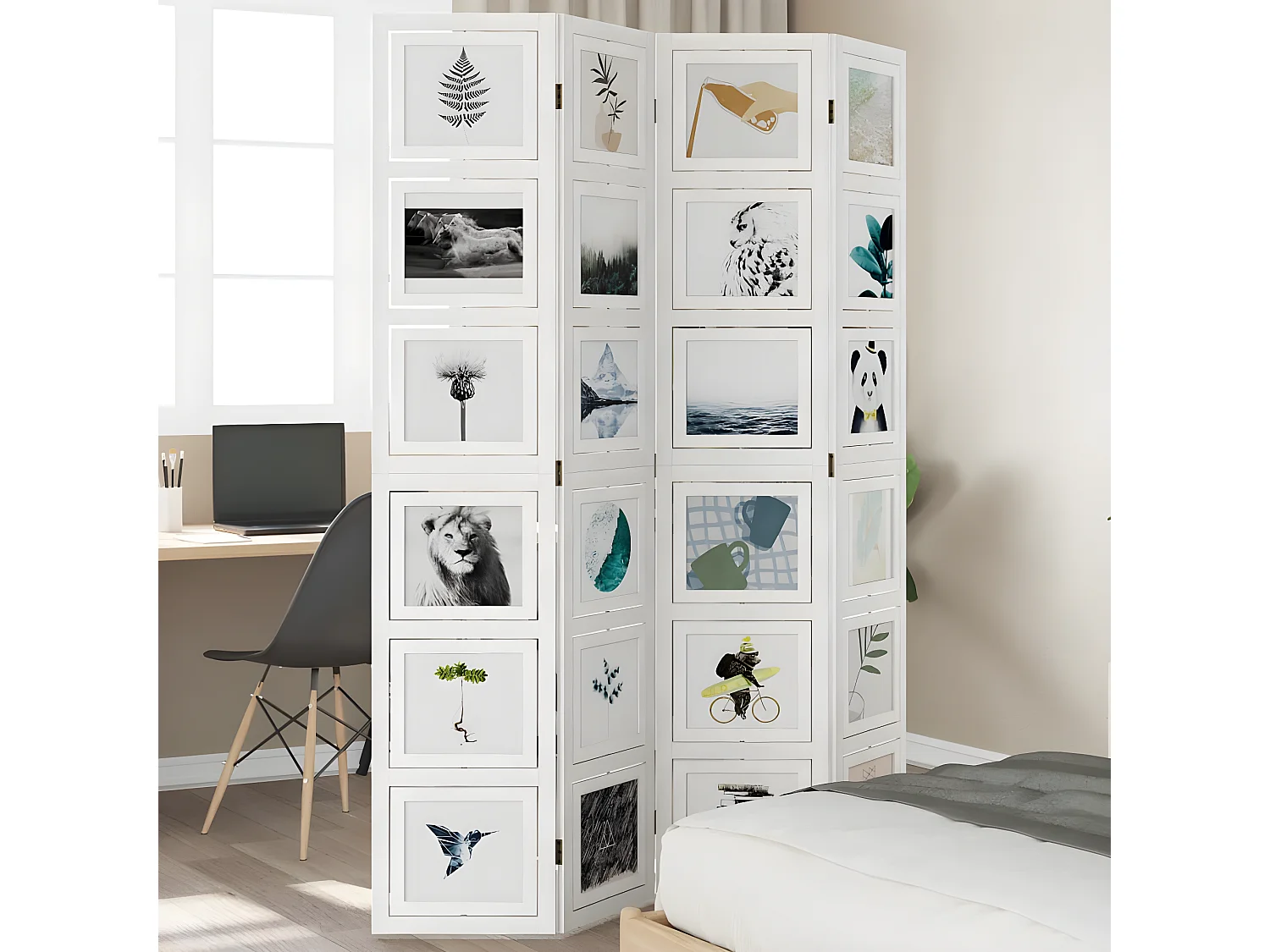 Cloison de séparation 4 panneaux blanc bois de paulownia massif