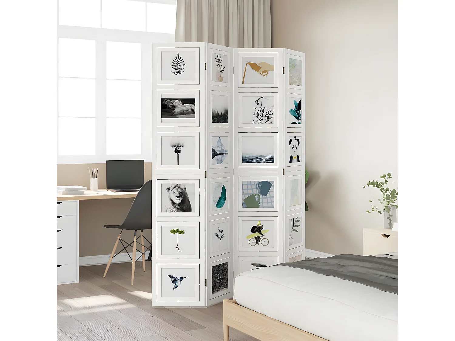 Cloison de séparation 4 panneaux blanc bois de paulownia massif