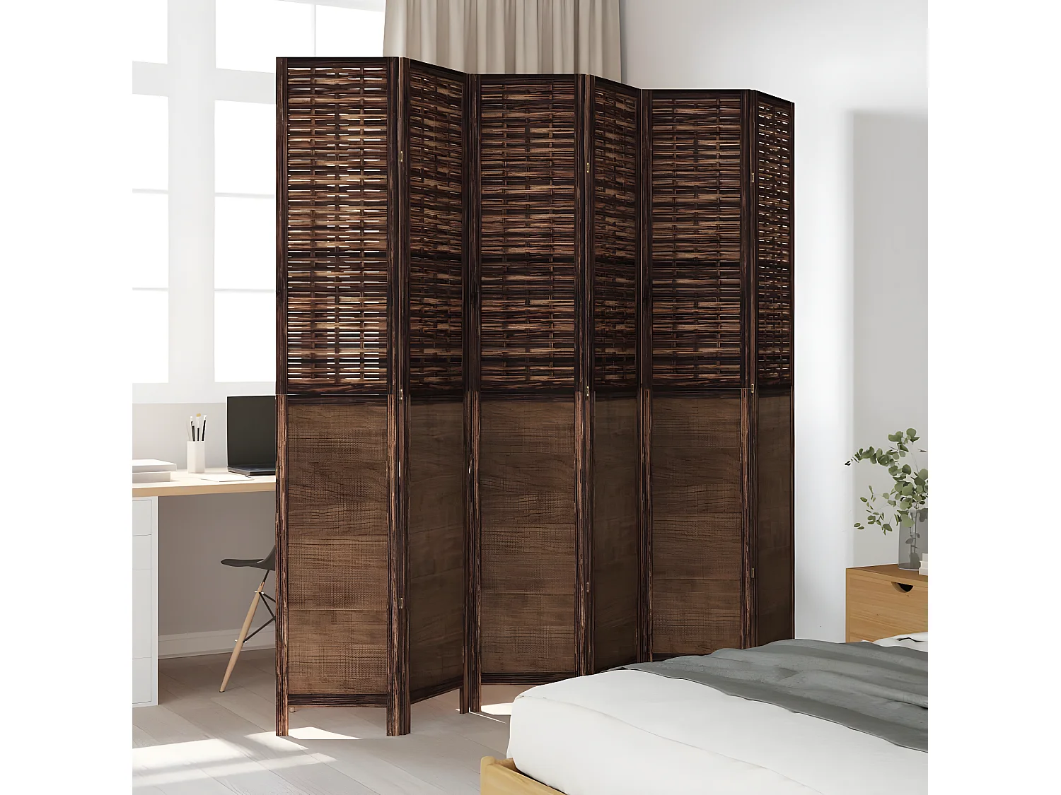 Cloison de séparation 6 panneaux marron foncé paulownia massif