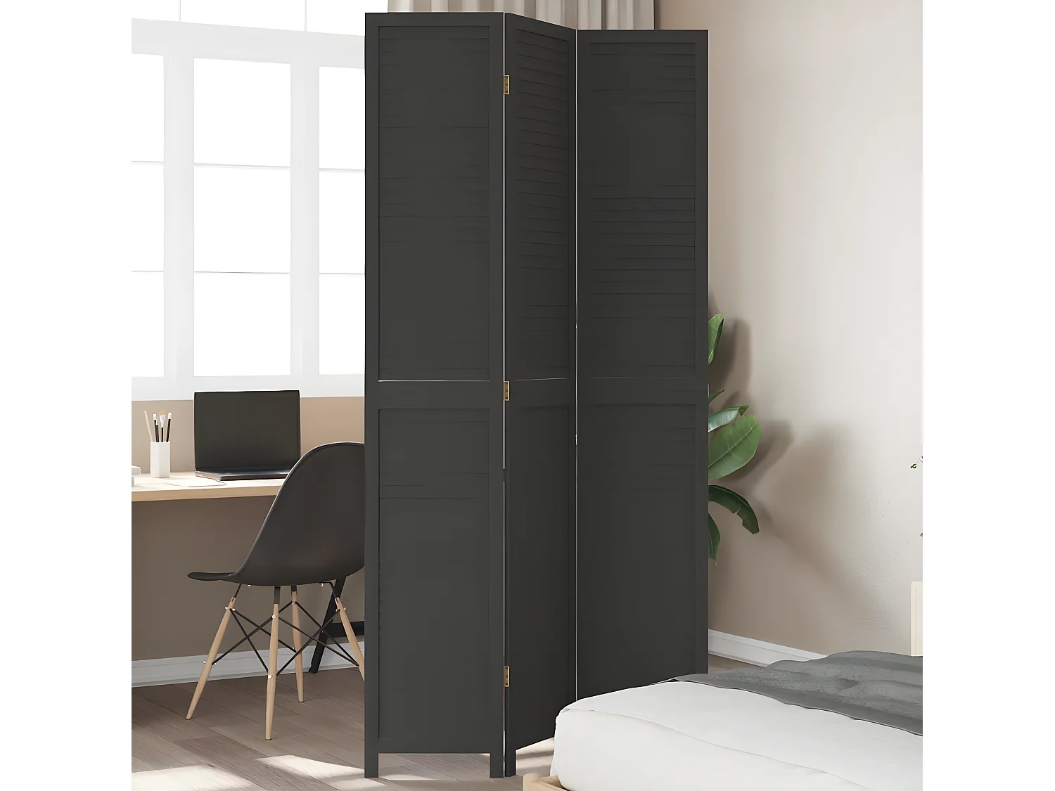 Cloison de séparation 3 panneaux noir bois de paulownia massif