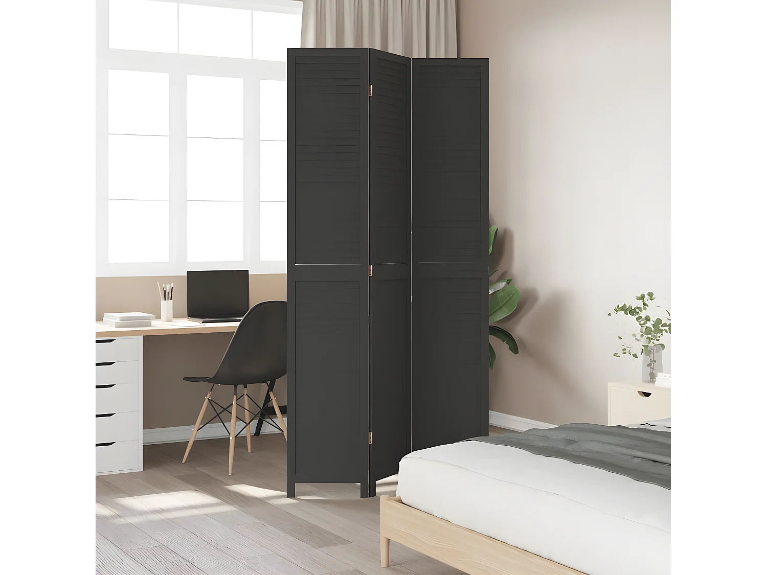 Cloison de séparation 3 panneaux noir bois de paulownia massif