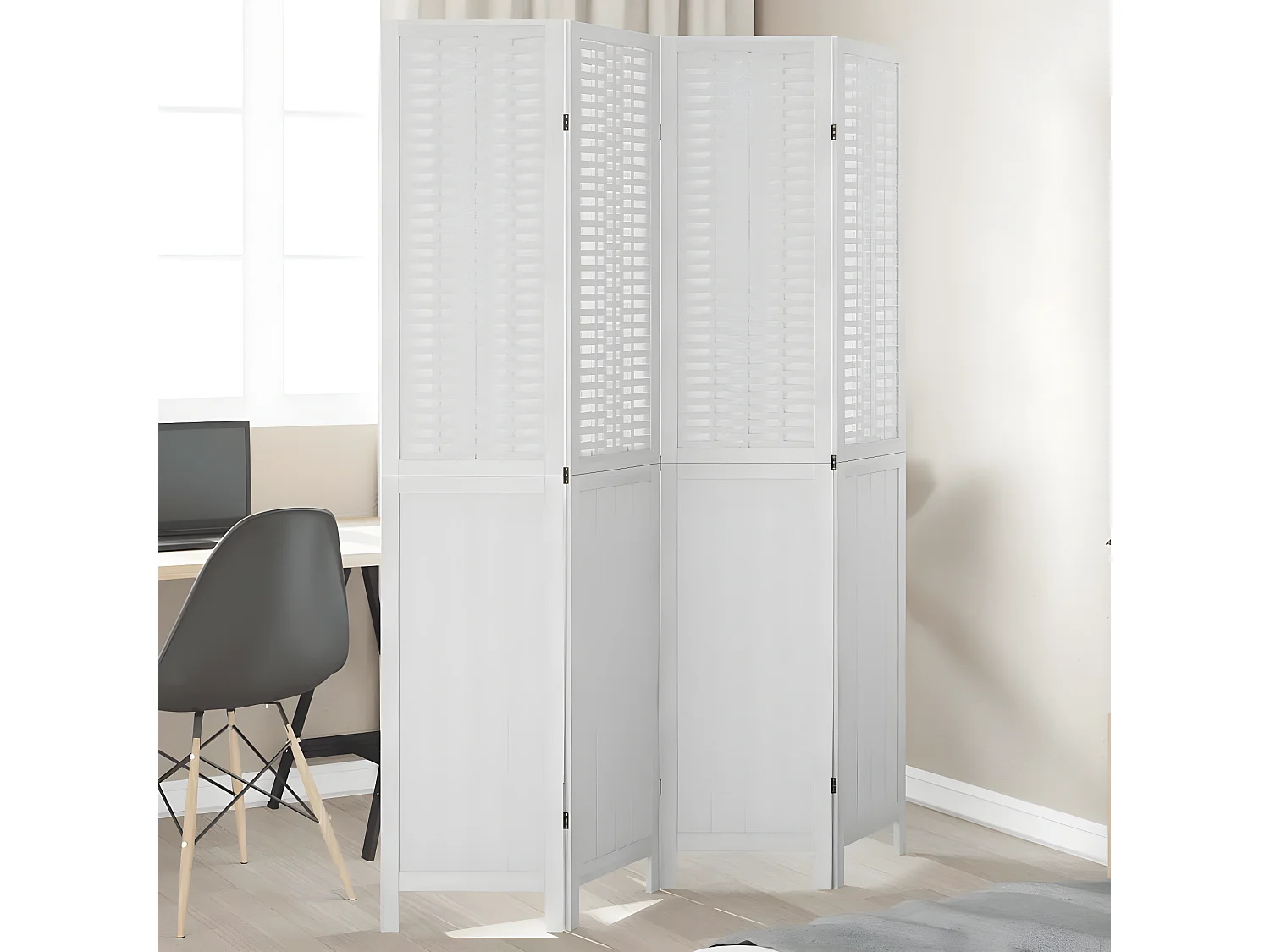 Cloison de séparation 4 panneaux blanc bois de paulownia massif