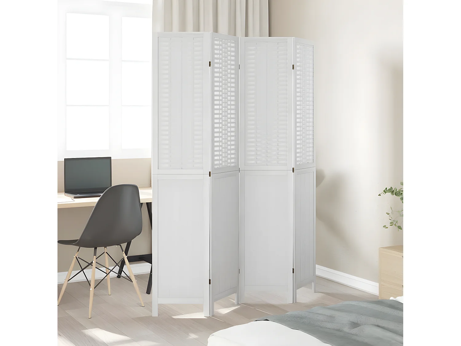 Cloison de séparation 4 panneaux blanc bois de paulownia massif