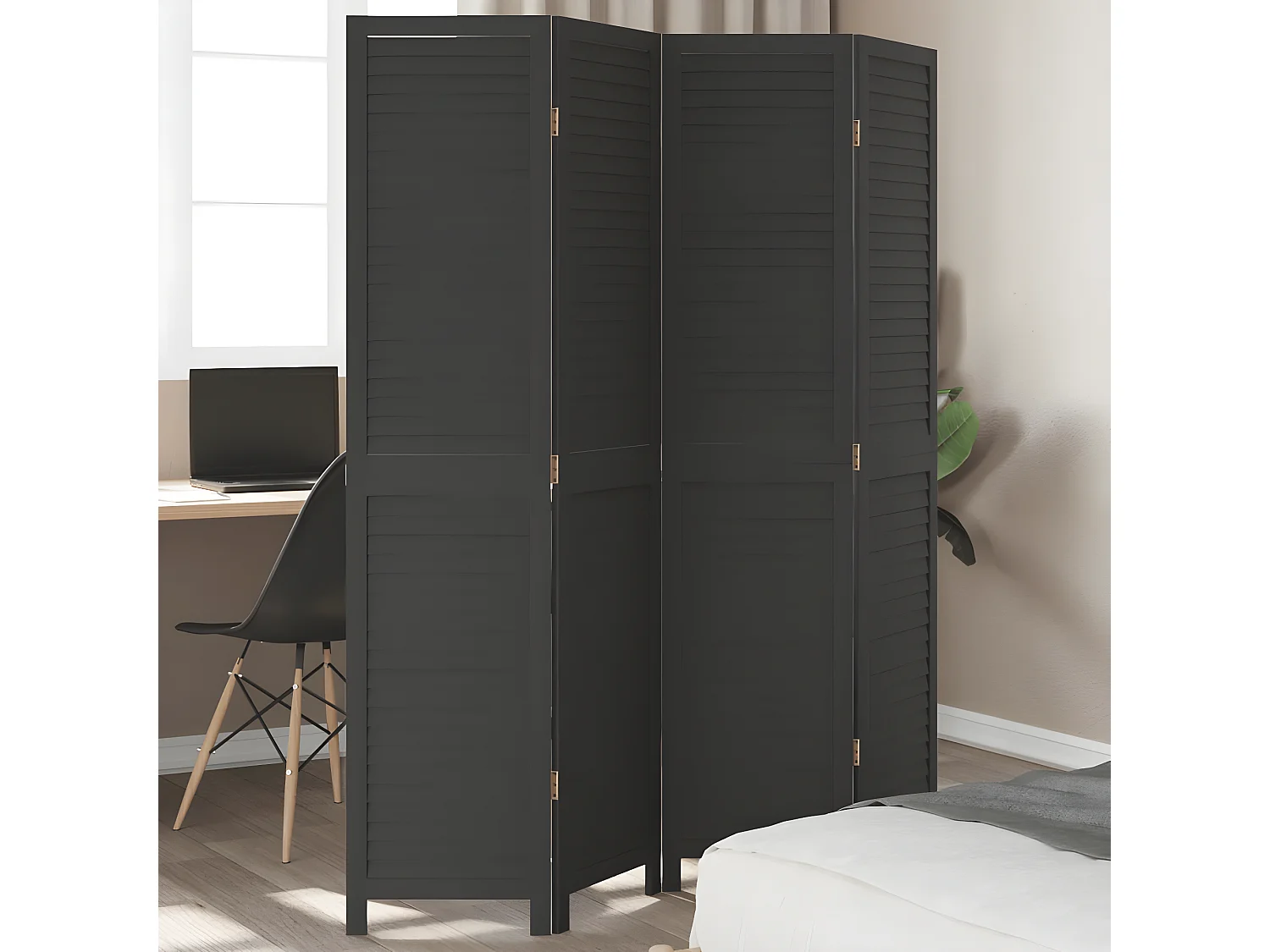 Cloison de séparation 4 panneaux noir bois de paulownia massif