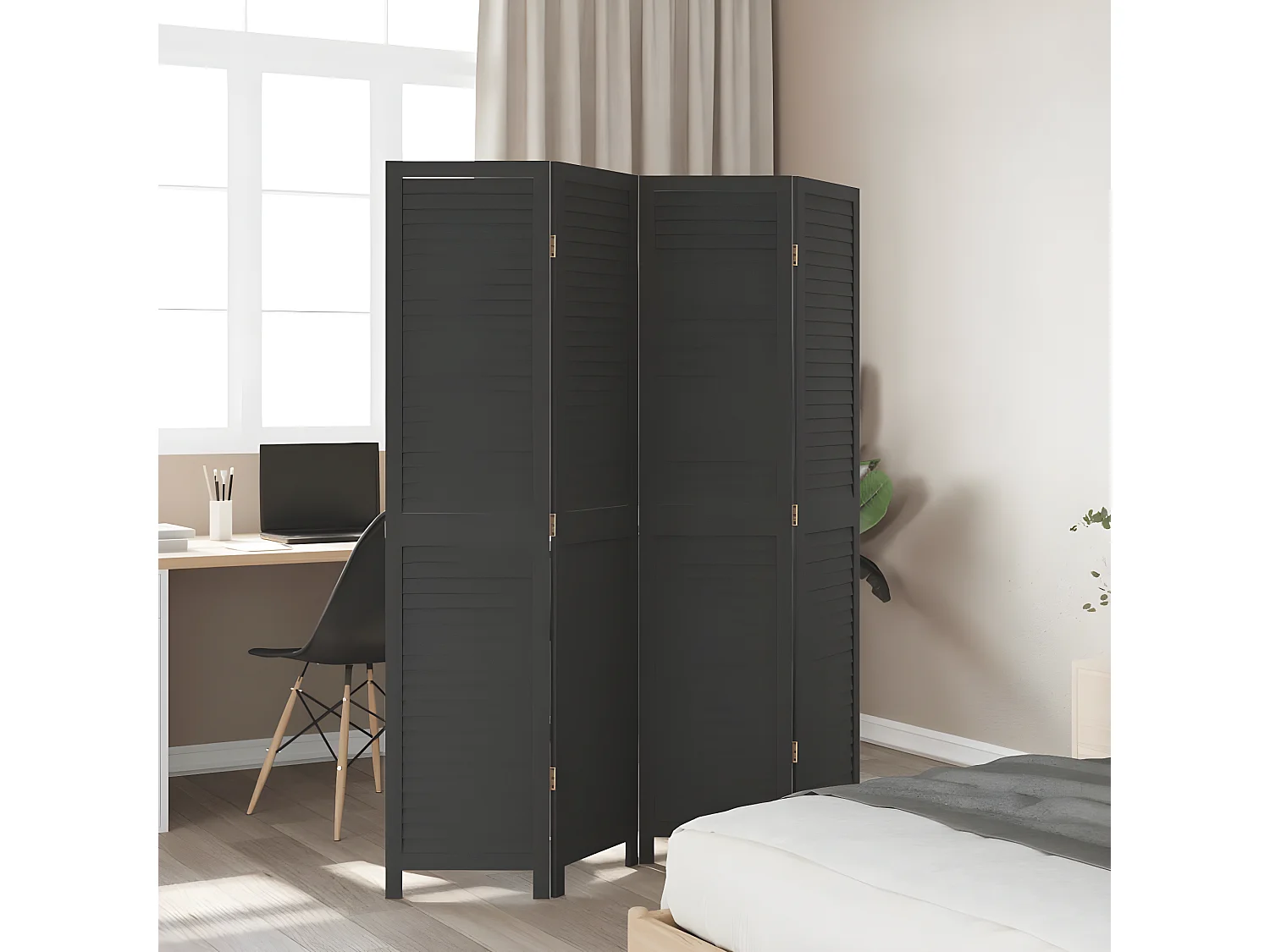 Cloison de séparation 4 panneaux noir bois de paulownia massif