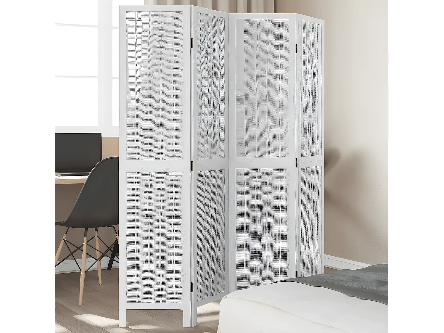 Cloison de séparation 4 panneaux blanc bois de paulownia massif