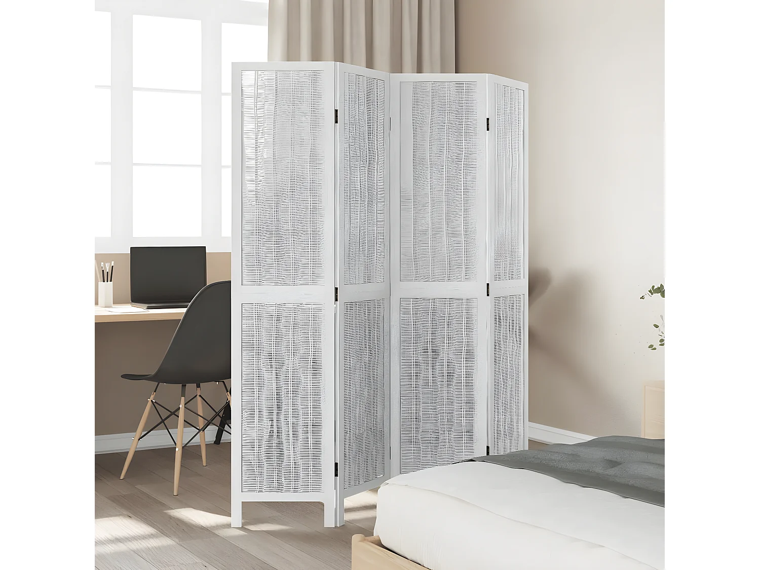 Cloison de séparation 4 panneaux blanc bois de paulownia massif