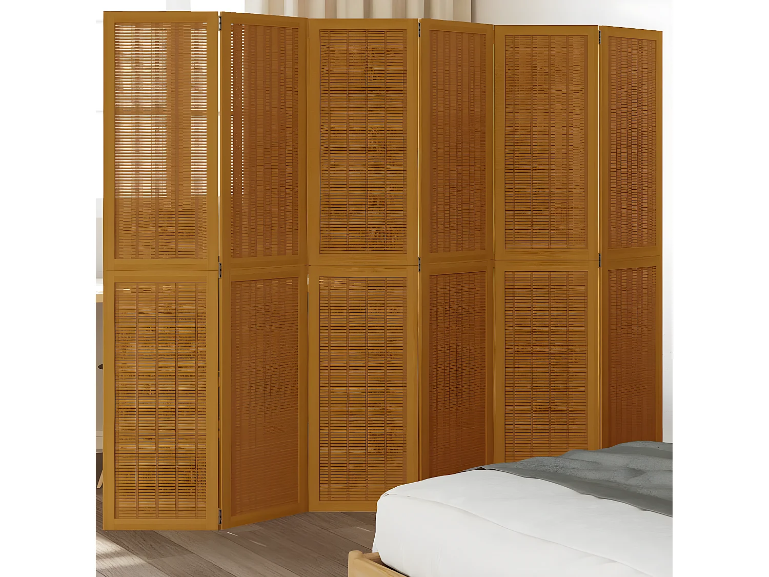 Cloison de séparation 6 panneaux marron bois paulownia massif