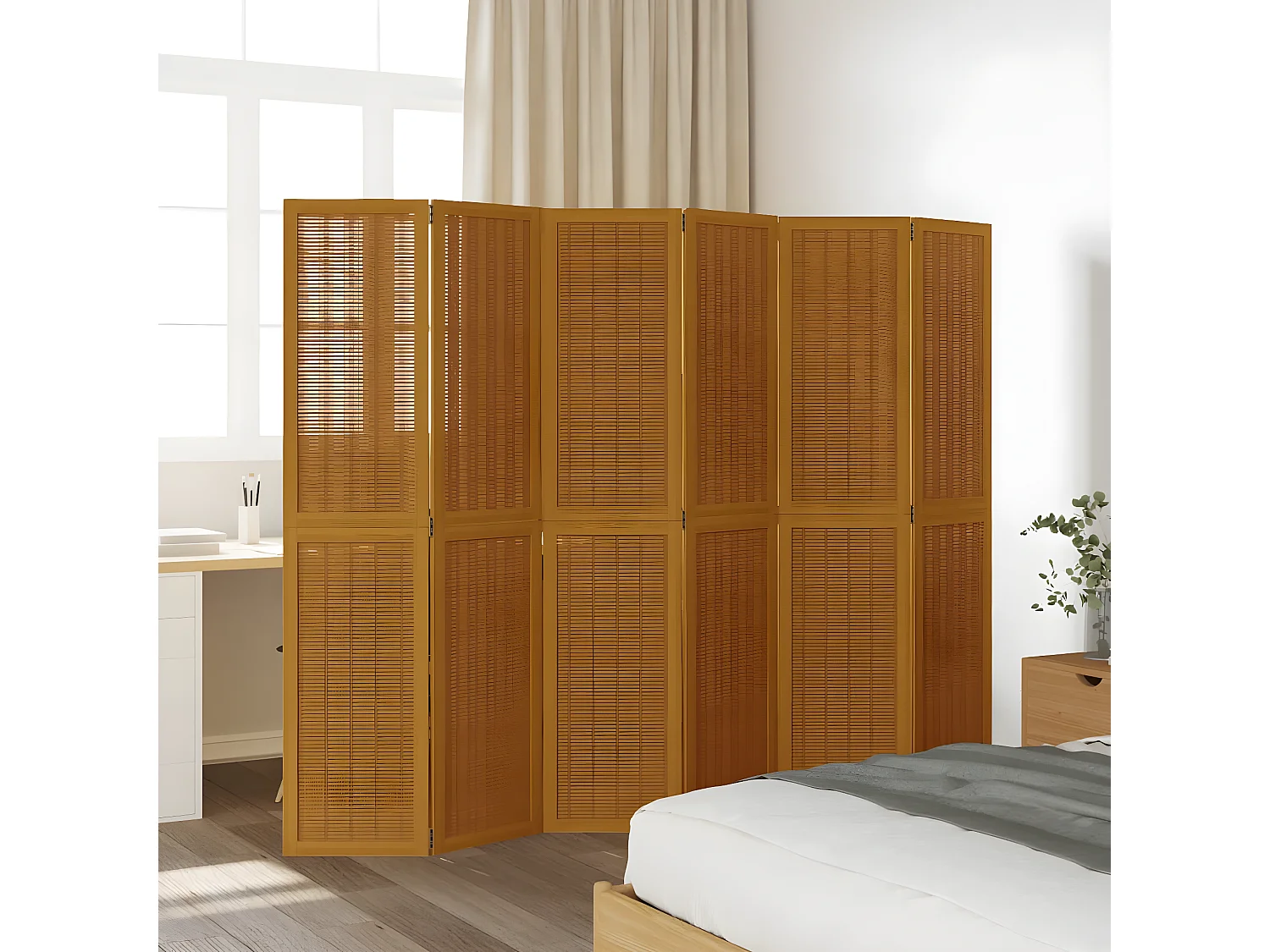 Cloison de séparation 6 panneaux marron bois paulownia massif