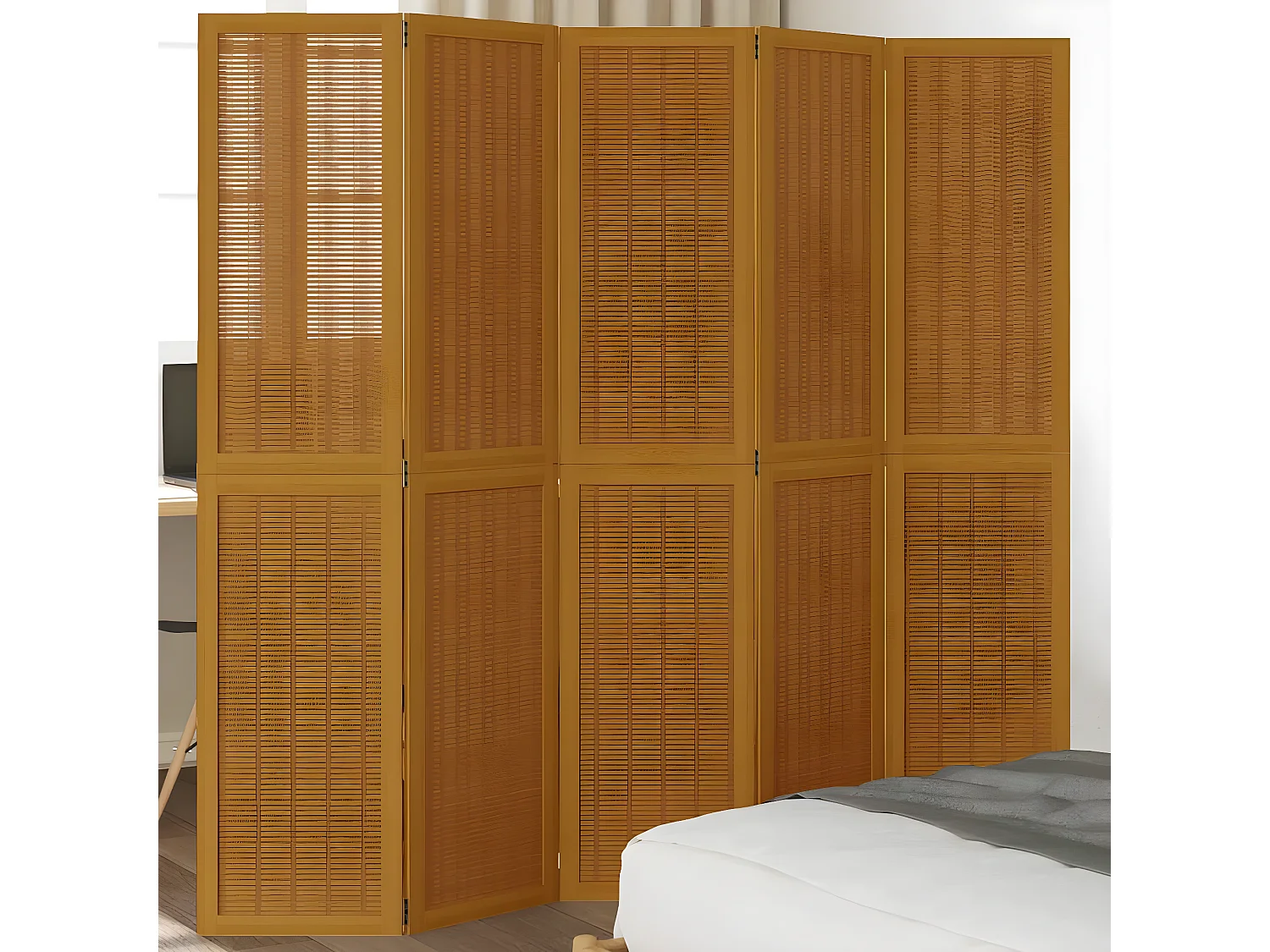 Cloison de séparation 5 panneaux marron bois paulownia massif