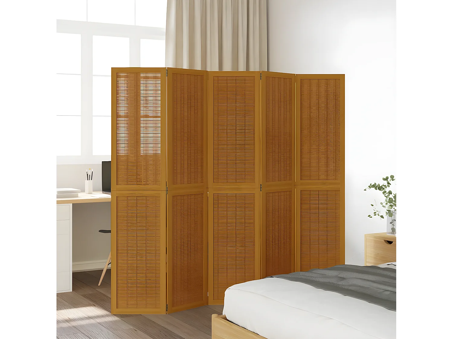 Cloison de séparation 5 panneaux marron bois paulownia massif