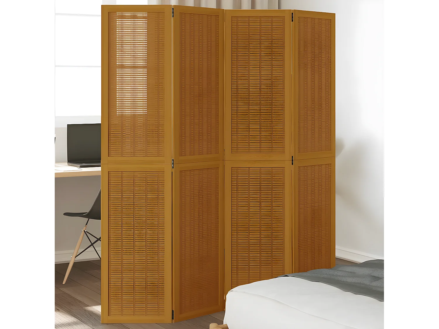 Cloison de séparation 4 panneaux marron bois paulownia massif