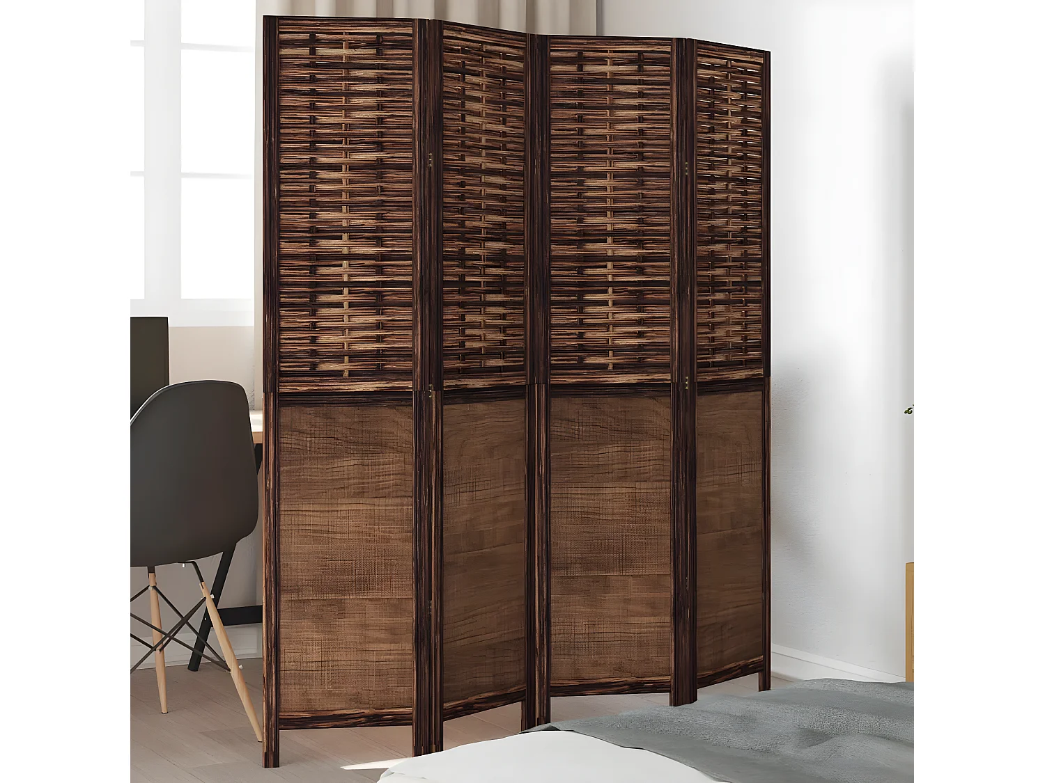 Cloison de séparation 4 panneaux marron foncé paulownia massif