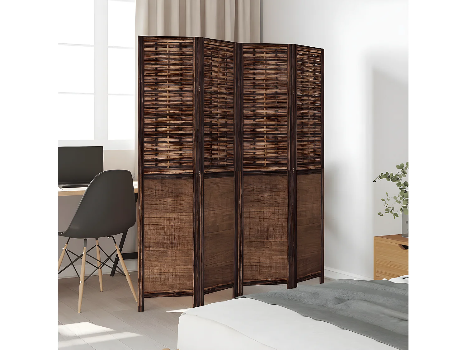 Cloison de séparation 4 panneaux marron foncé paulownia massif