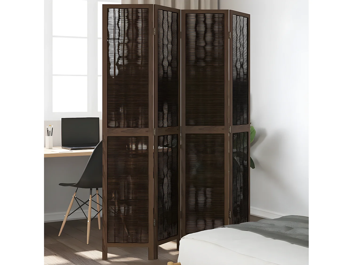 Cloison de séparation 4 panneaux marron foncé paulownia massif