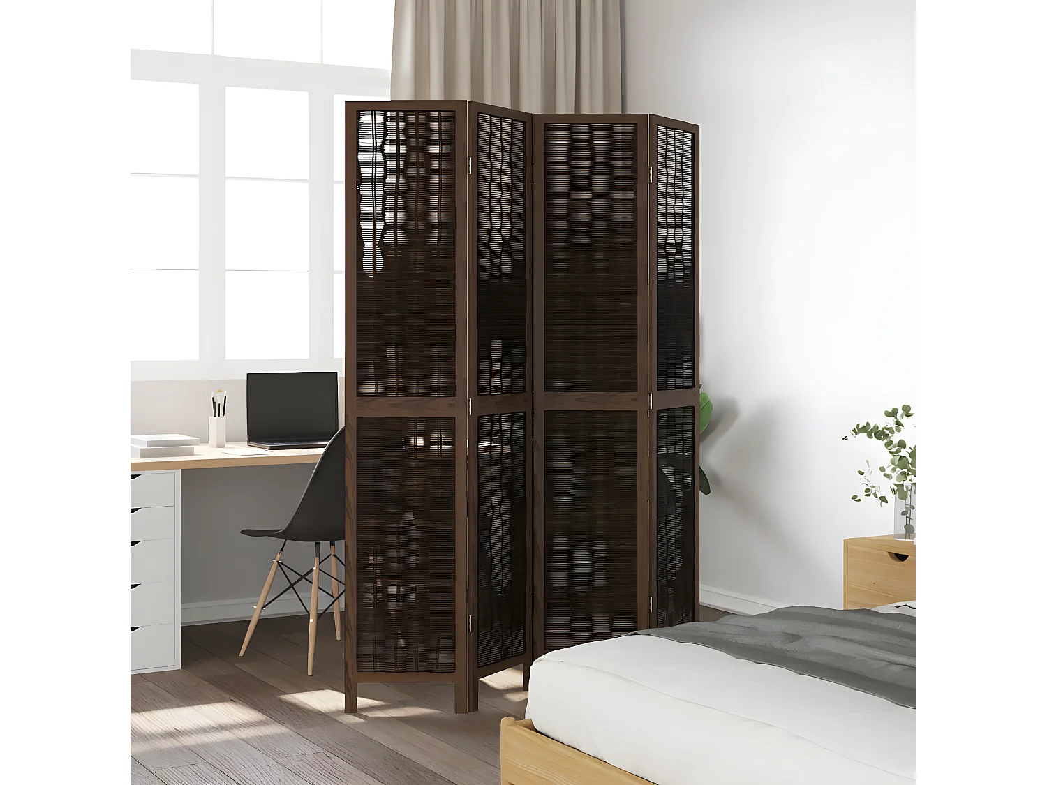 Cloison de séparation 4 panneaux marron foncé paulownia massif