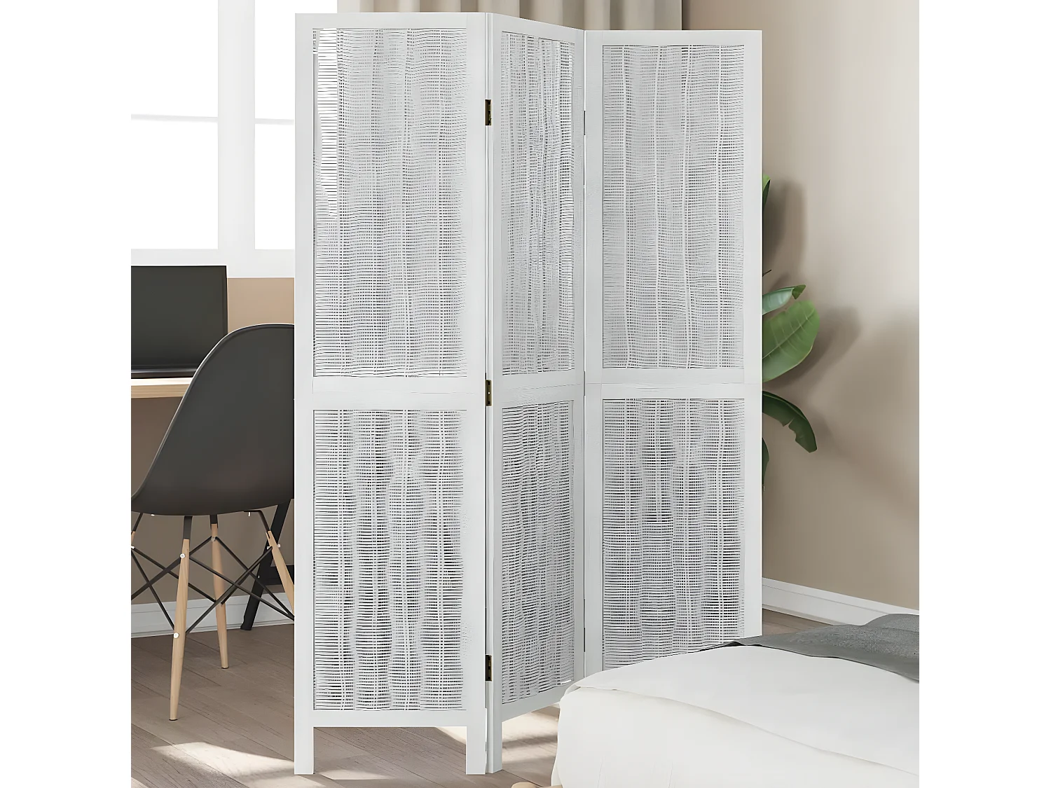 Cloison de séparation 3 panneaux blanc bois de paulownia massif