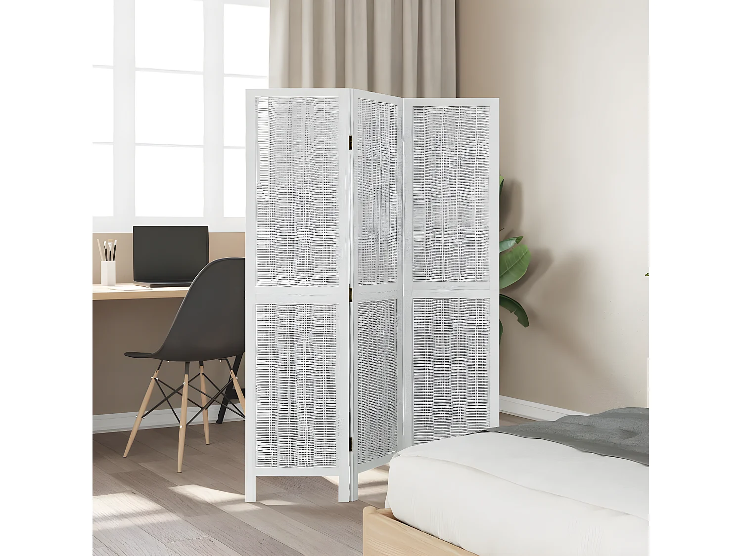 Cloison de séparation 3 panneaux blanc bois de paulownia massif