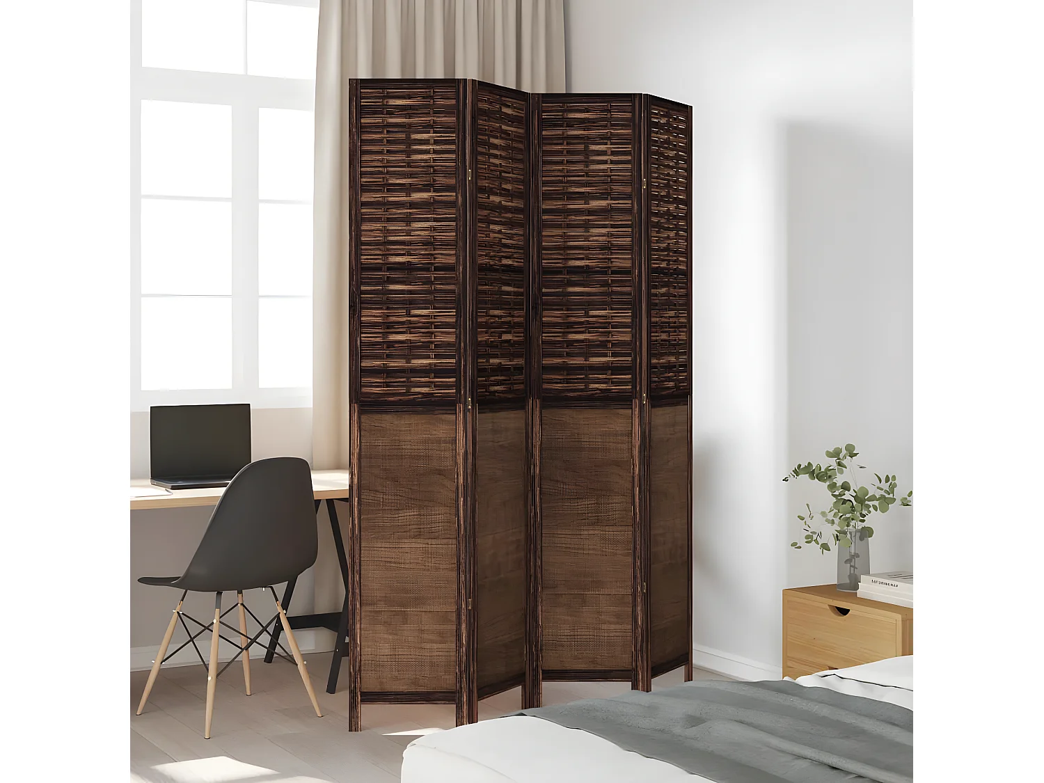 Cloison de séparation 4 panneaux marron foncé paulownia massif