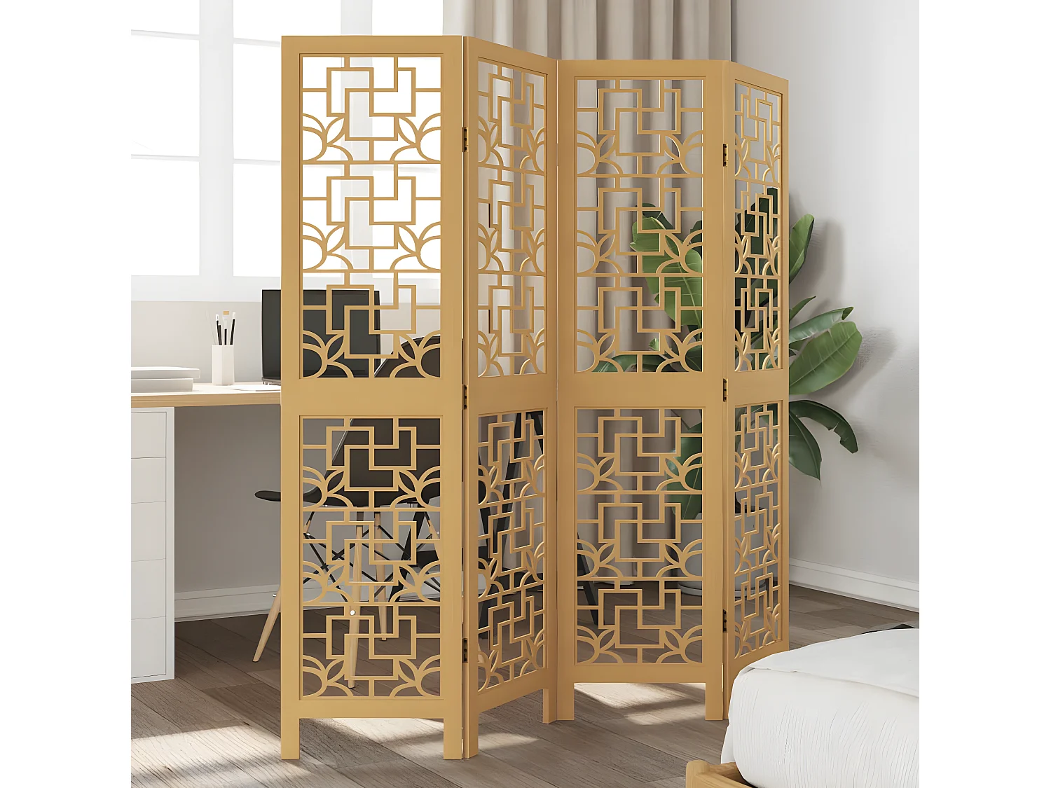 Cloison de séparation 4 panneaux marron bois paulownia massif