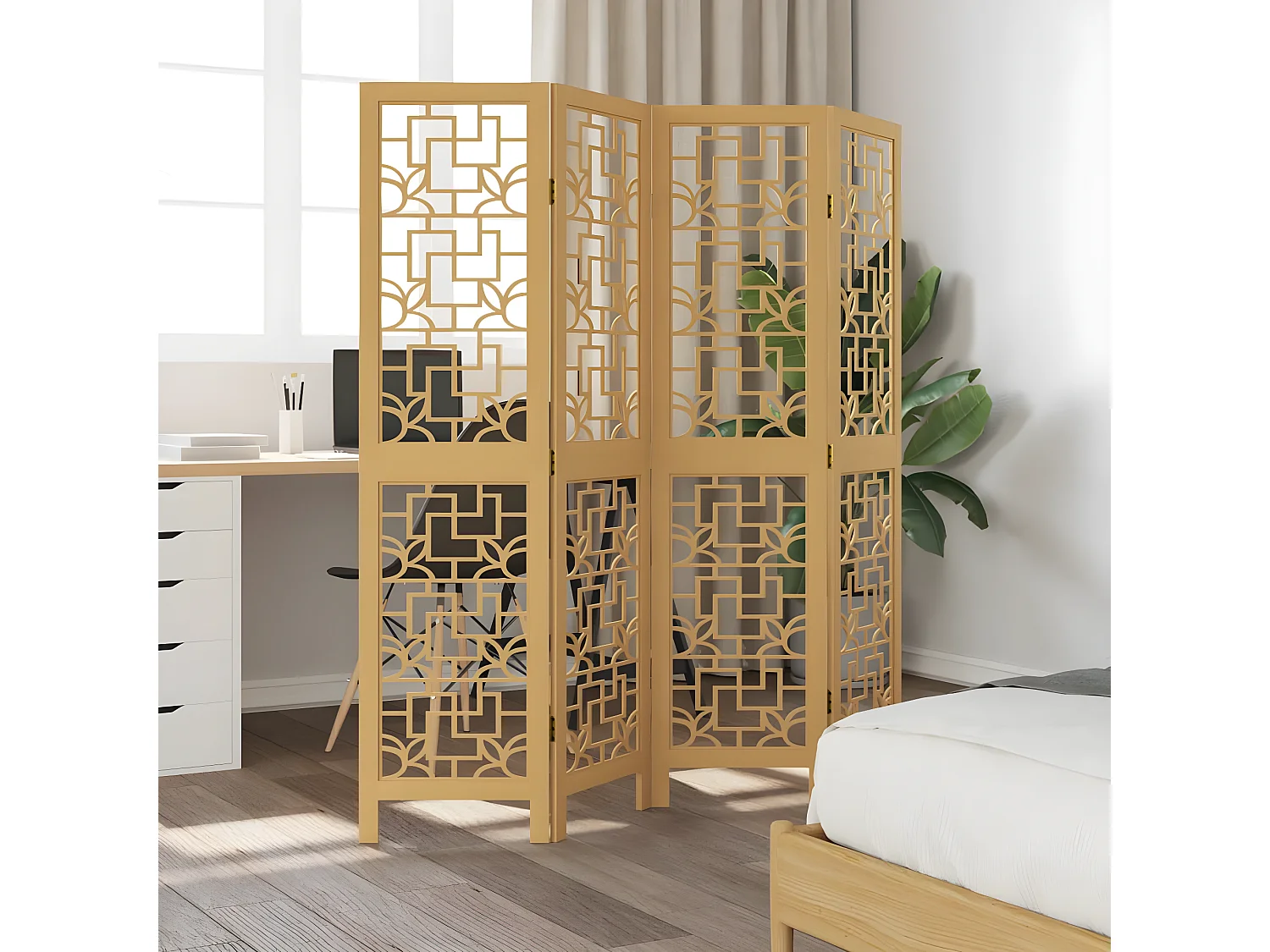 Cloison de séparation 4 panneaux marron bois paulownia massif