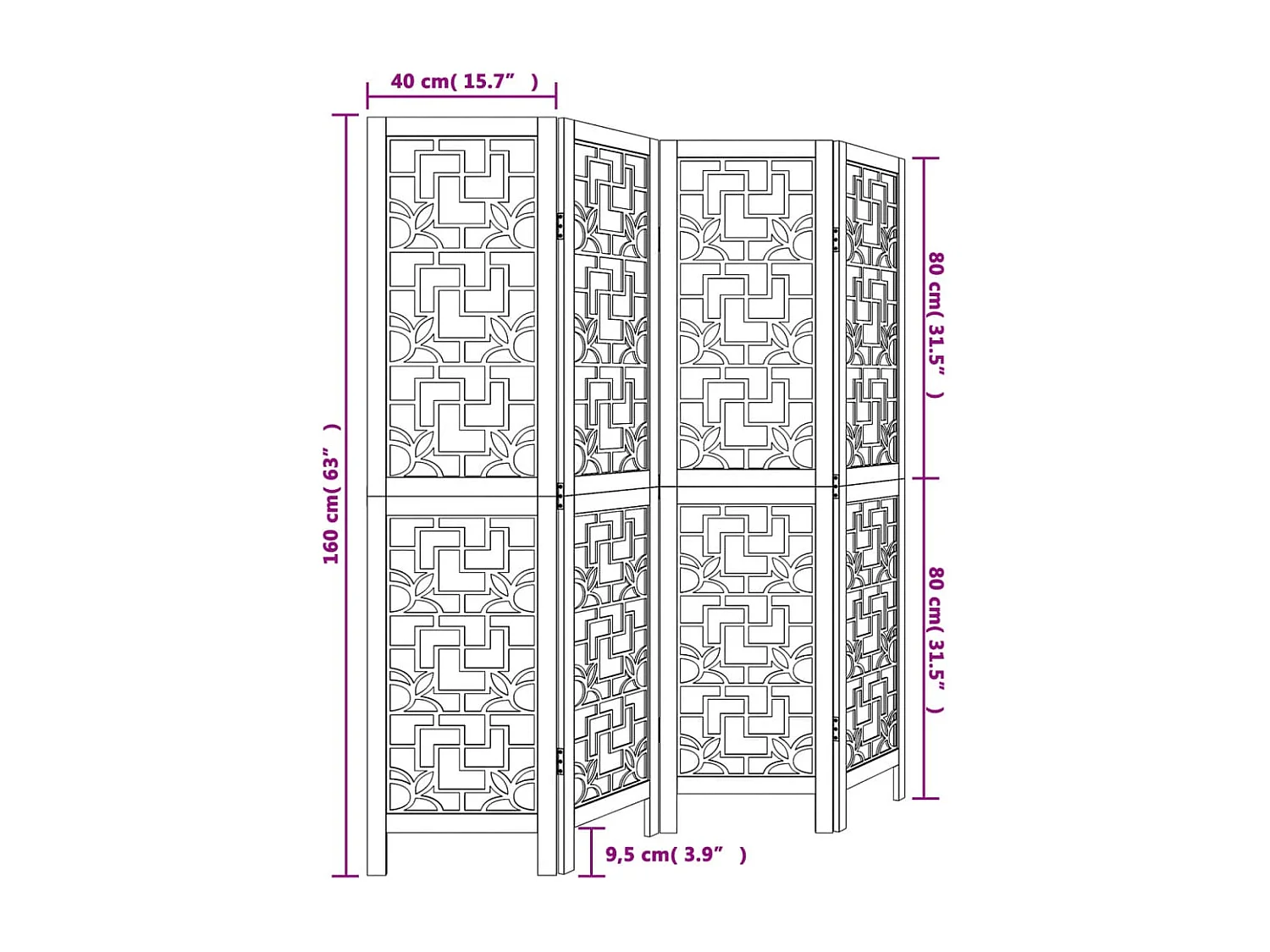 Cloison de séparation 4 panneaux marron bois paulownia massif