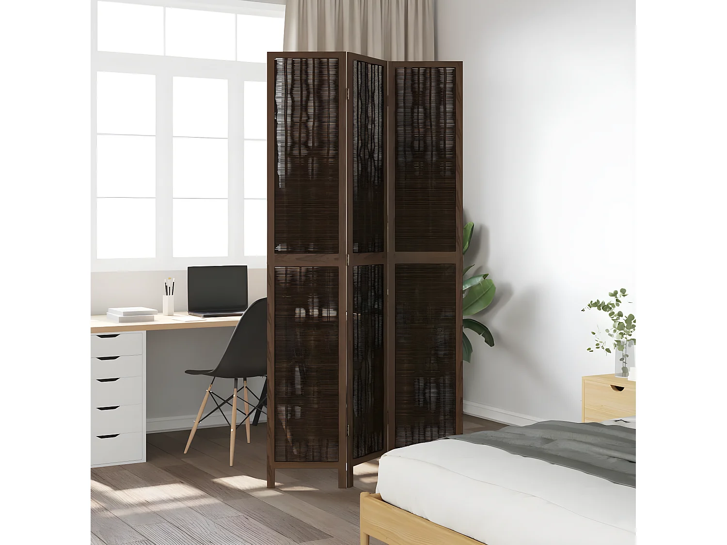 Cloison de séparation 3 panneaux marron foncé paulownia massif