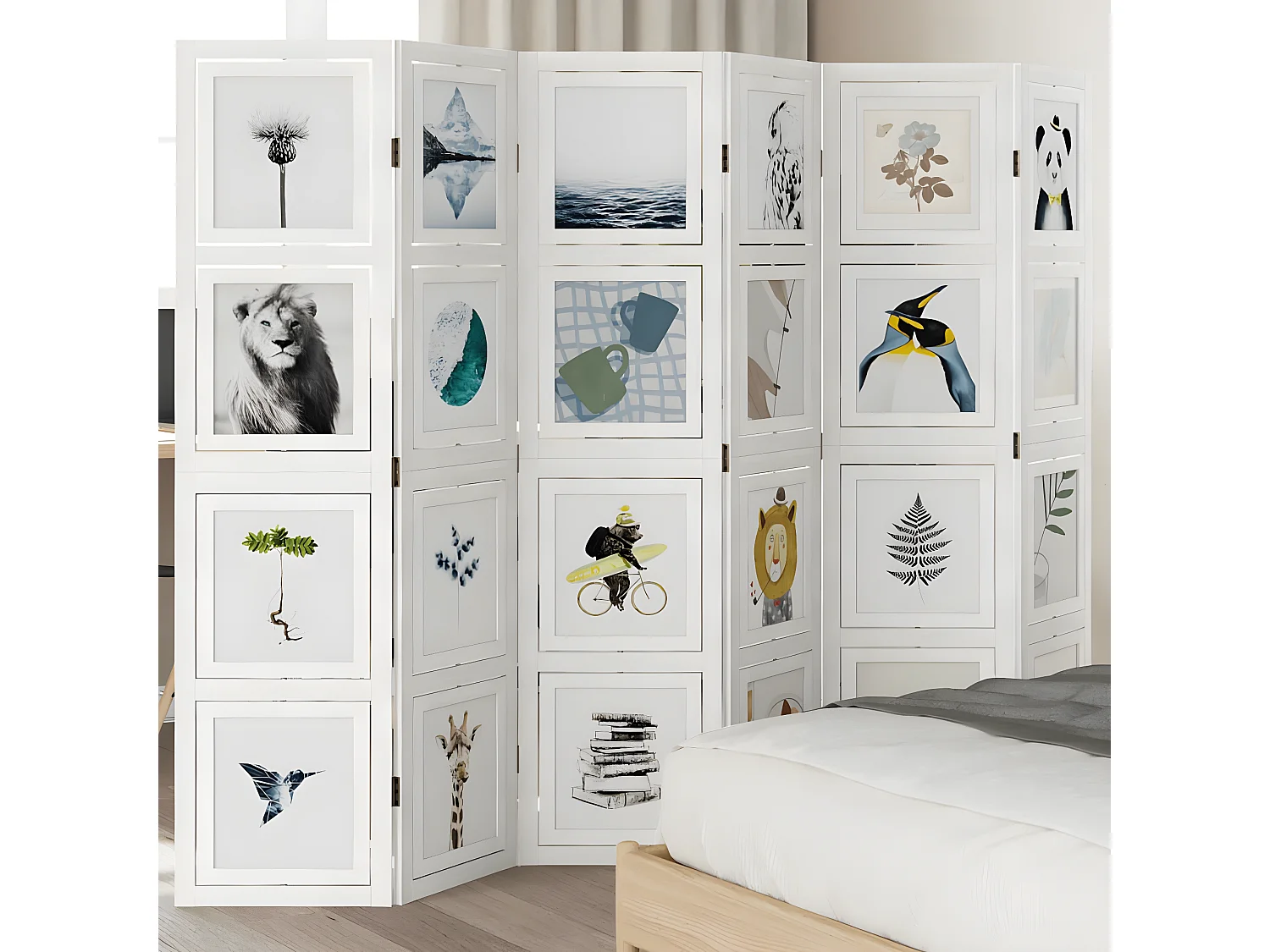 Cloison de séparation 6 panneaux blanc bois de paulownia massif