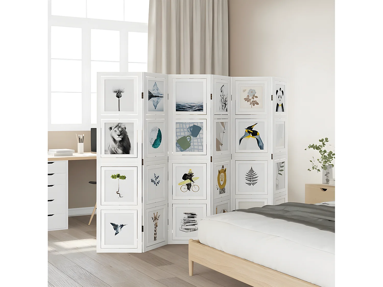 Cloison de séparation 6 panneaux blanc bois de paulownia massif