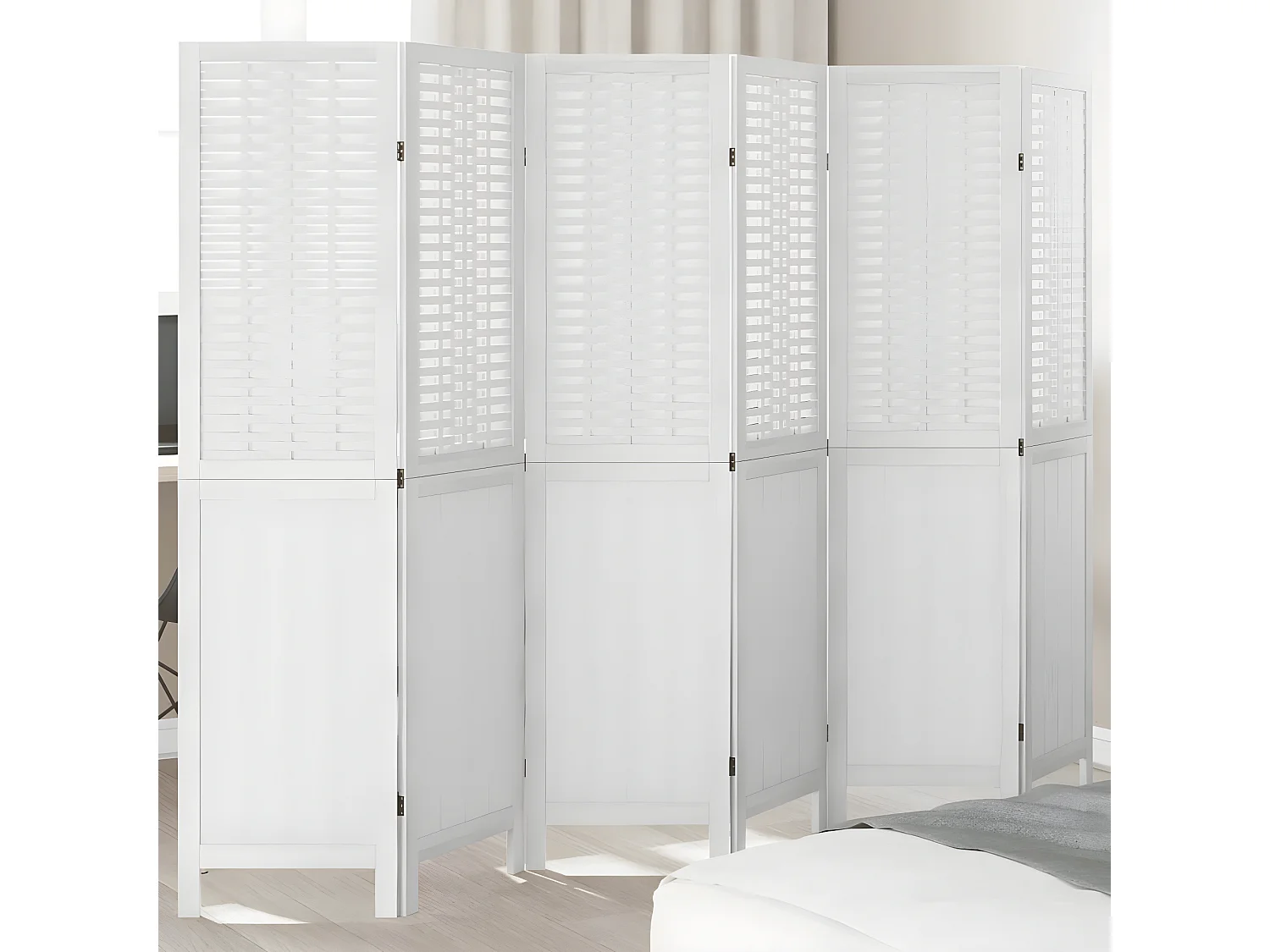 Cloison de séparation 6 panneaux blanc bois de paulownia massif