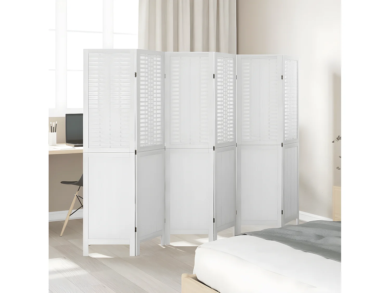 Cloison de séparation 6 panneaux blanc bois de paulownia massif