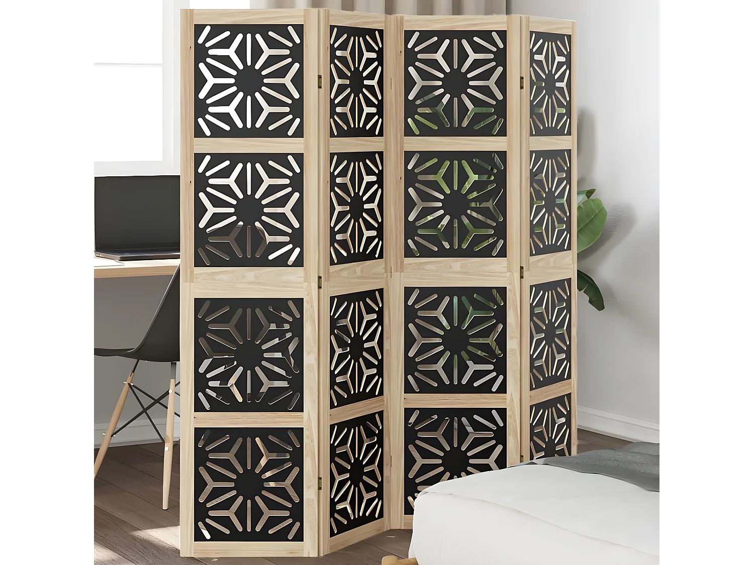 Cloison de séparation 4 panneaux marron noir paulownia massif