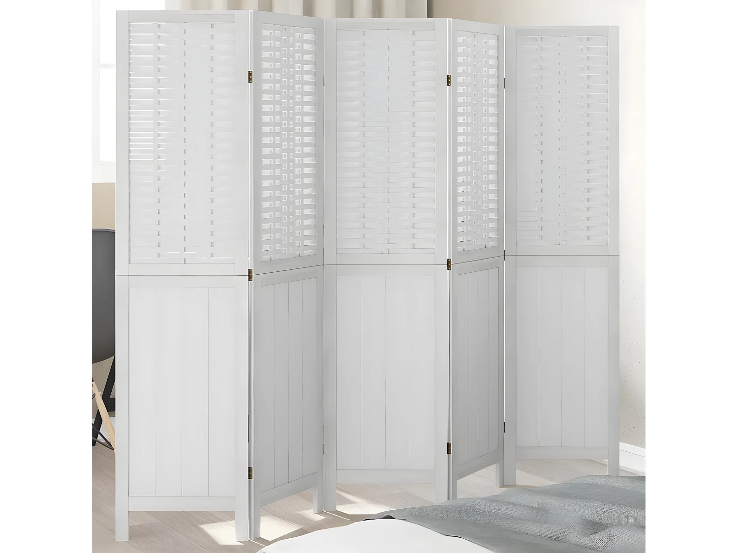 Cloison de séparation 5 panneaux blanc bois de paulownia massif