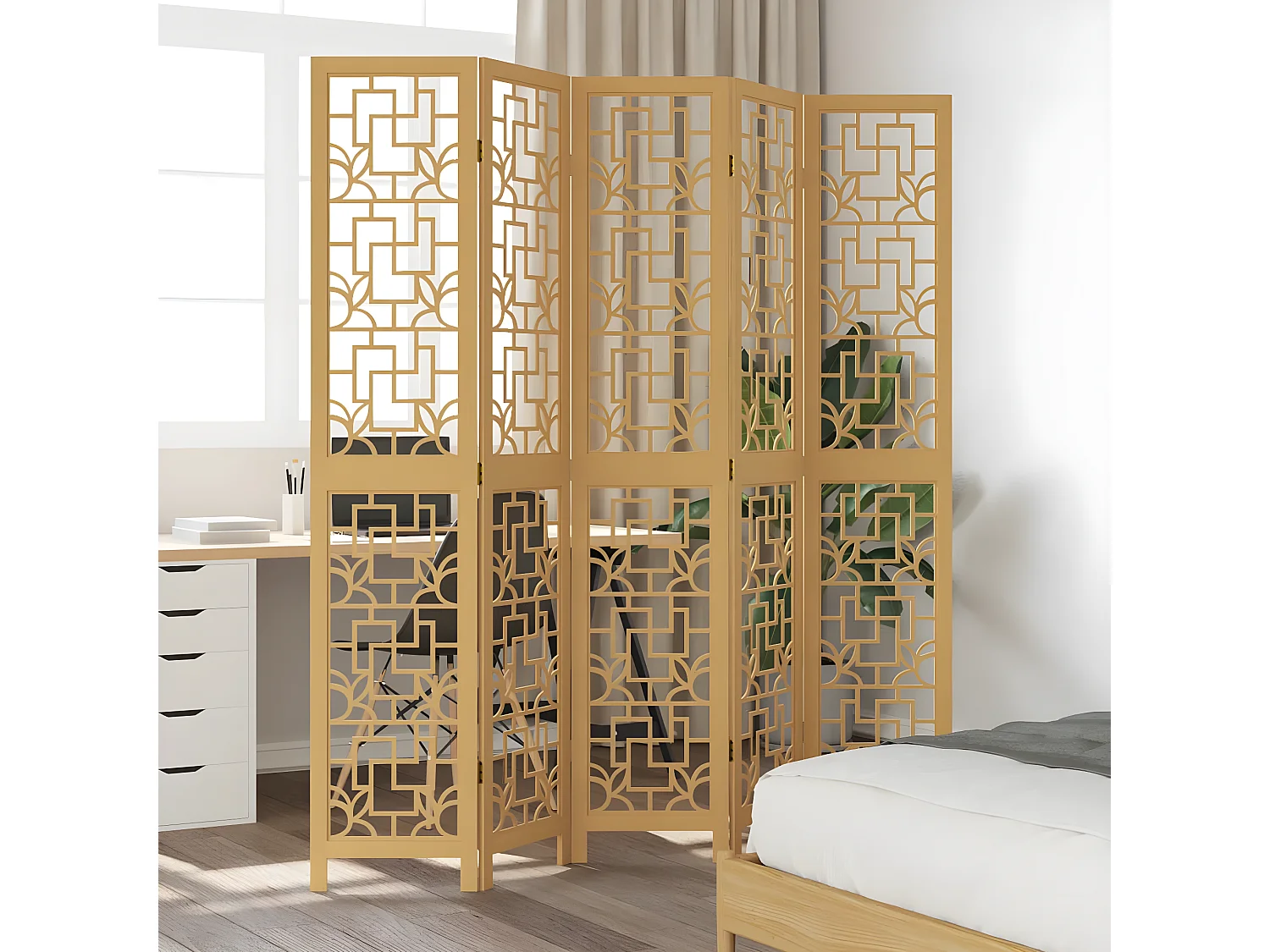 Cloison de séparation 5 panneaux marron bois paulownia massif