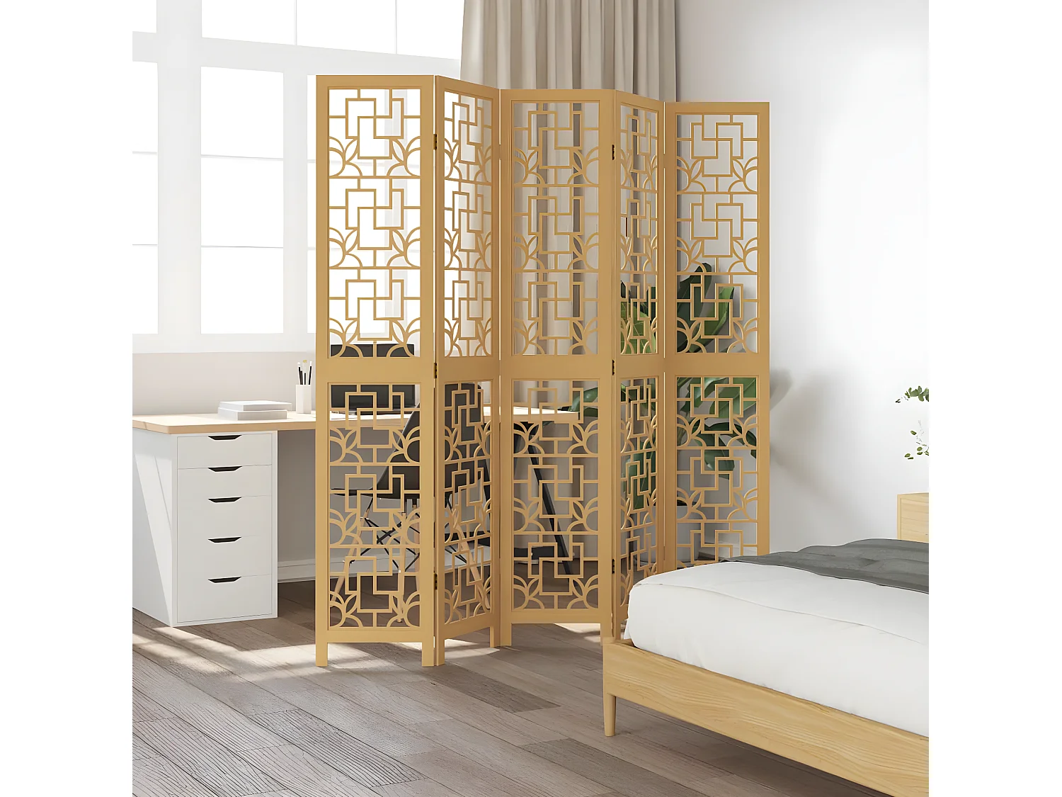 Cloison de séparation 5 panneaux marron bois paulownia massif