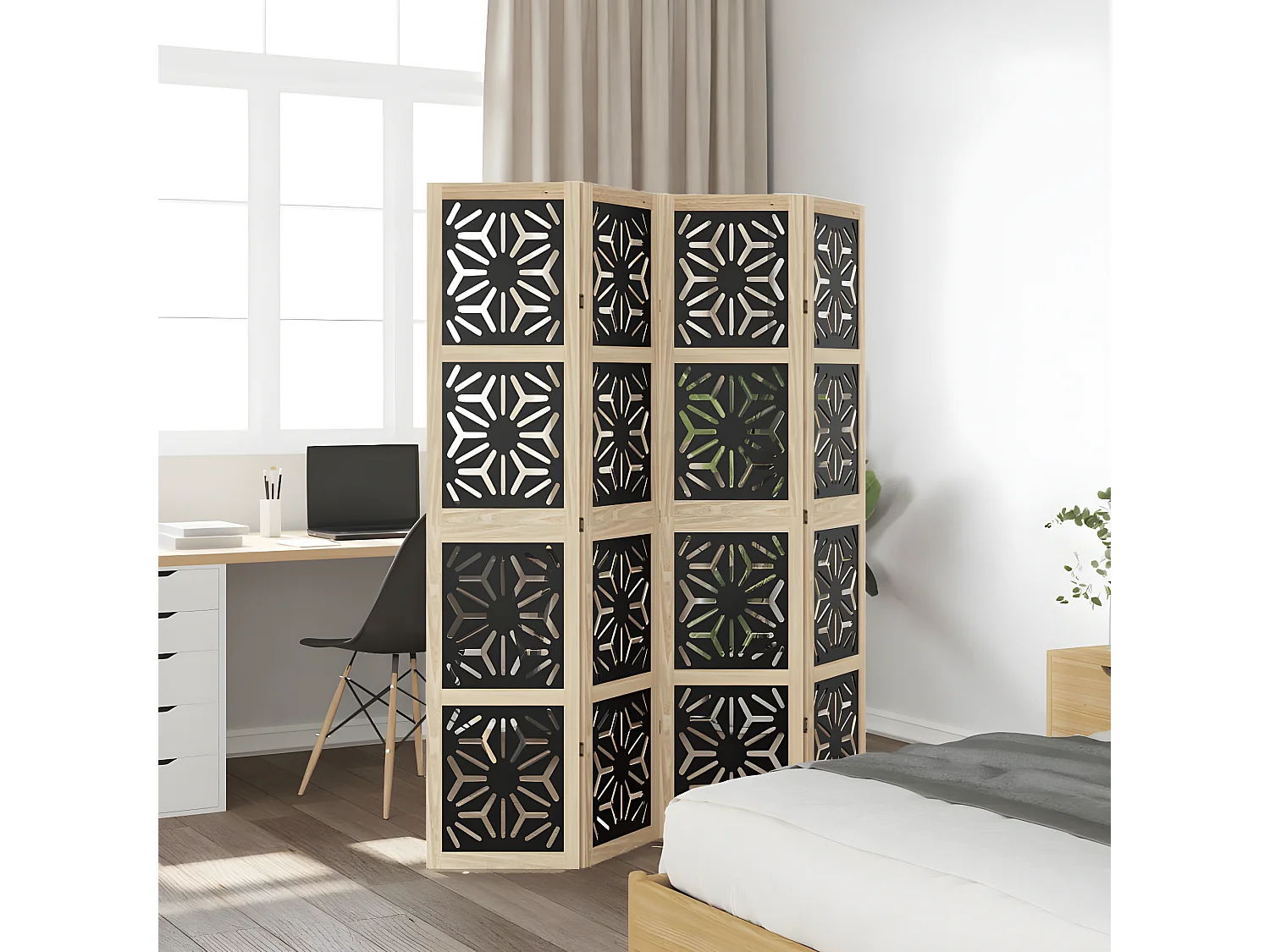 Cloison de séparation 4 panneaux marron noir paulownia massif