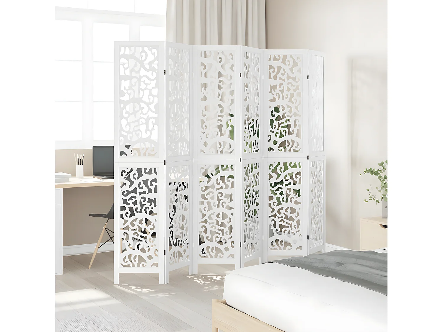 Cloison de séparation 6 panneaux blanc bois de paulownia massif