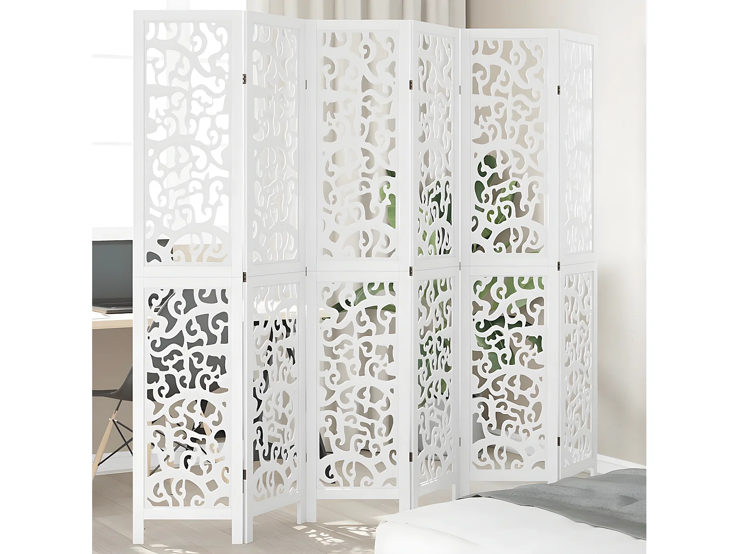 Cloison de séparation 6 panneaux blanc bois de paulownia massif