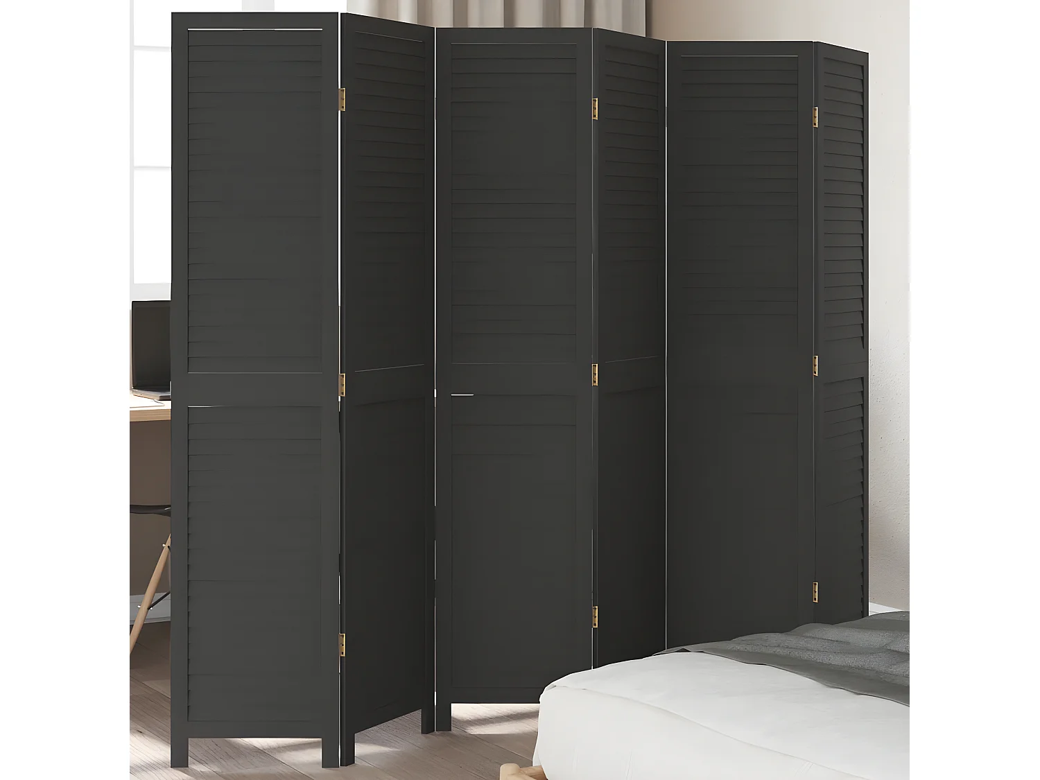 Cloison de séparation 6 panneaux noir bois de paulownia massif