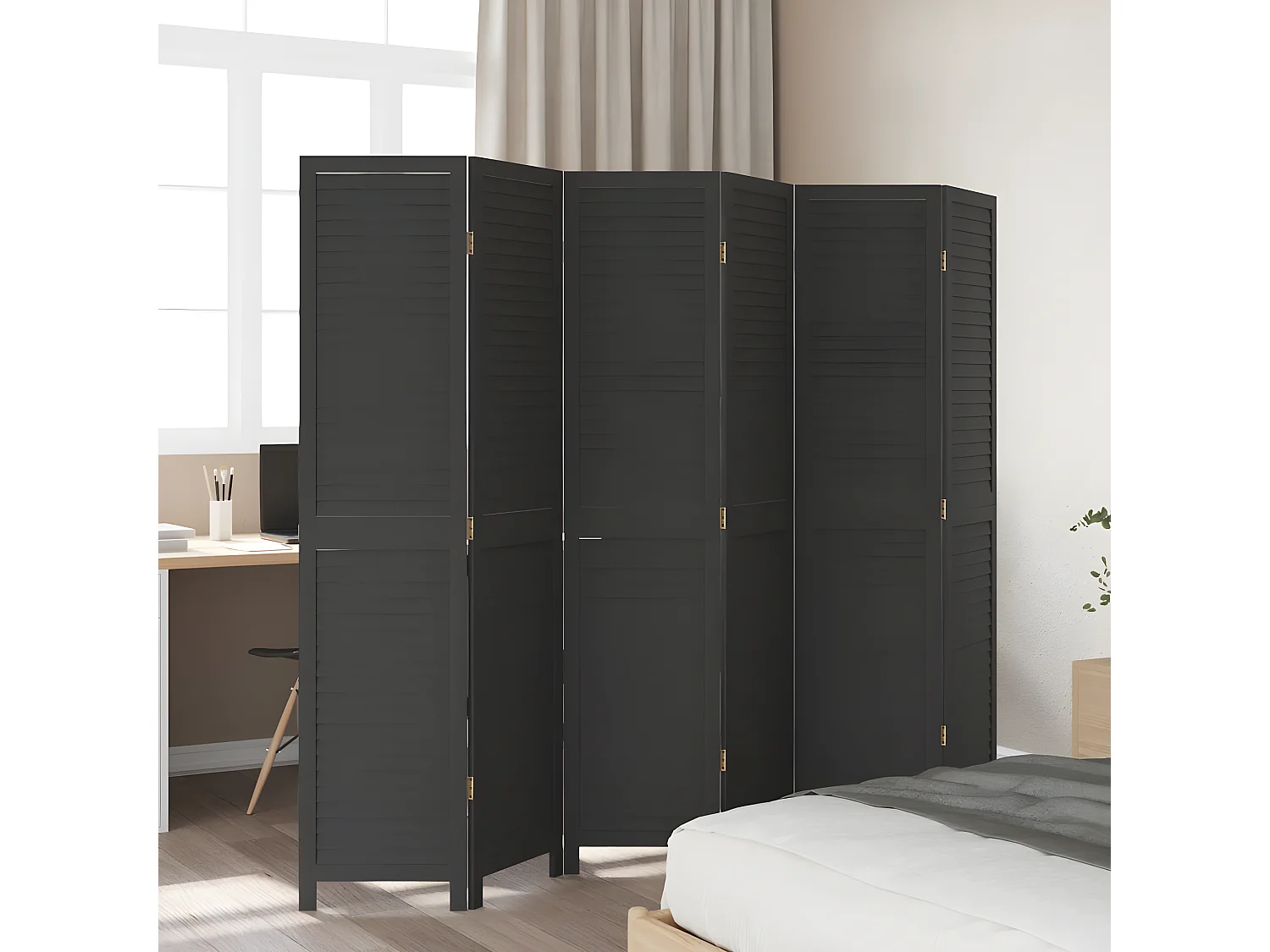 Cloison de séparation 6 panneaux noir bois de paulownia massif