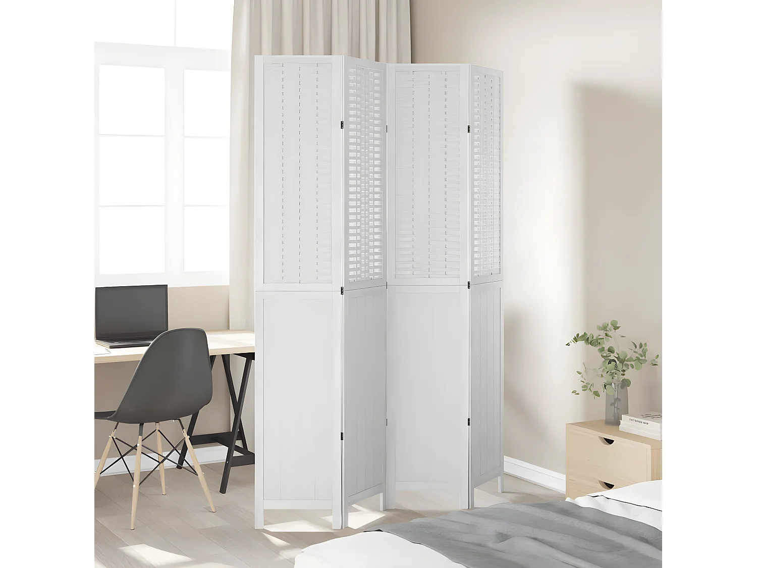 Cloison de séparation 4 panneaux blanc bois de paulownia massif