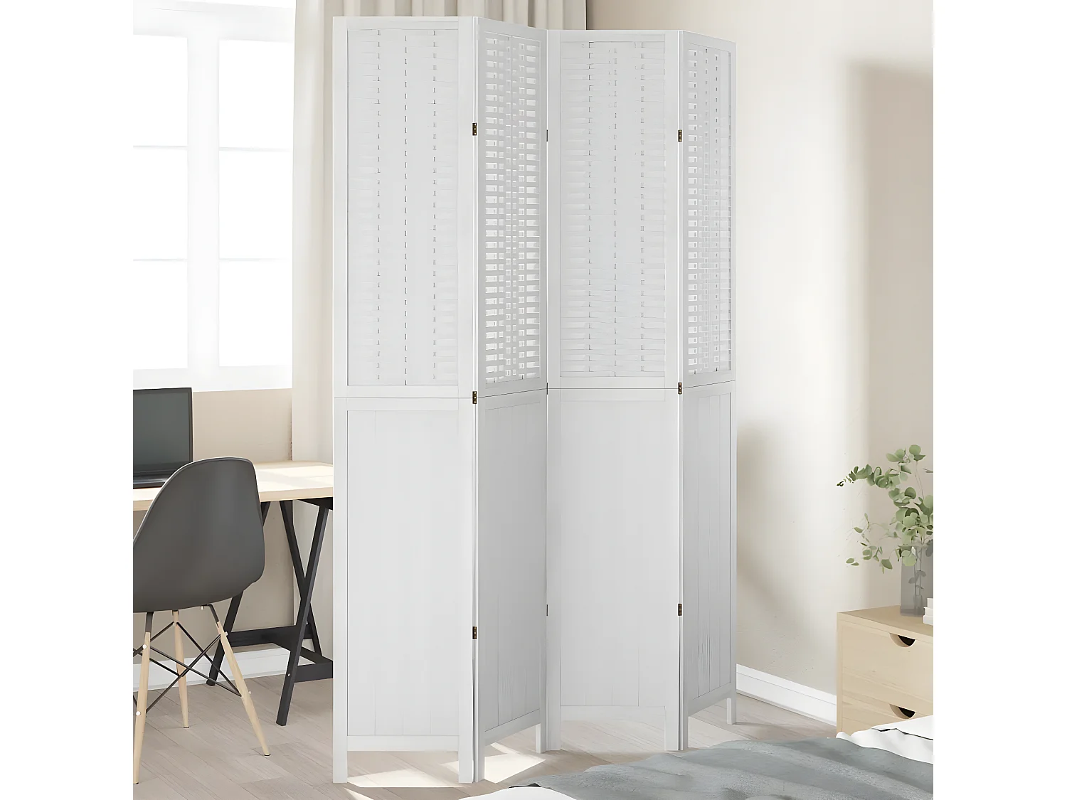 Cloison de séparation 4 panneaux blanc bois de paulownia massif