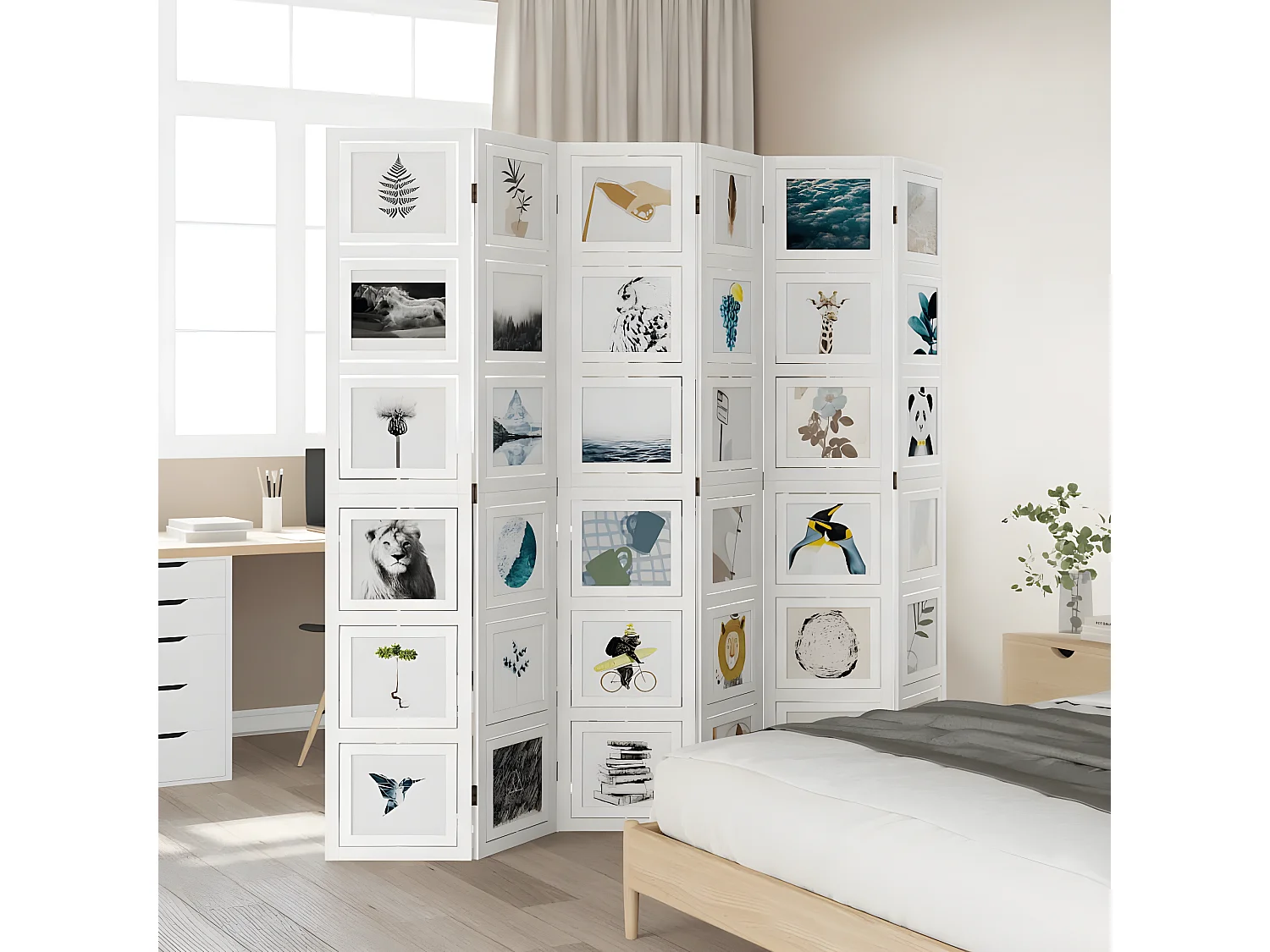 Cloison de séparation 6 panneaux blanc bois de paulownia massif