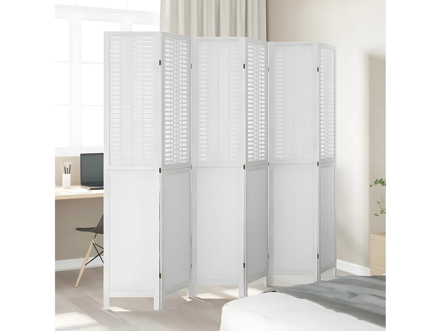 Cloison de séparation 6 panneaux blanc bois de paulownia massif