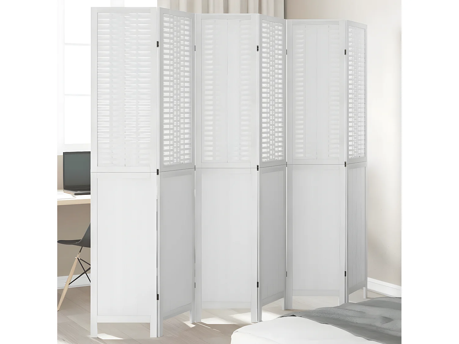 Cloison de séparation 6 panneaux blanc bois de paulownia massif